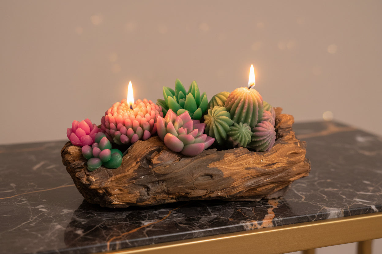 Candle set shaped like succulents on a wooden base- Mehrartcollections 