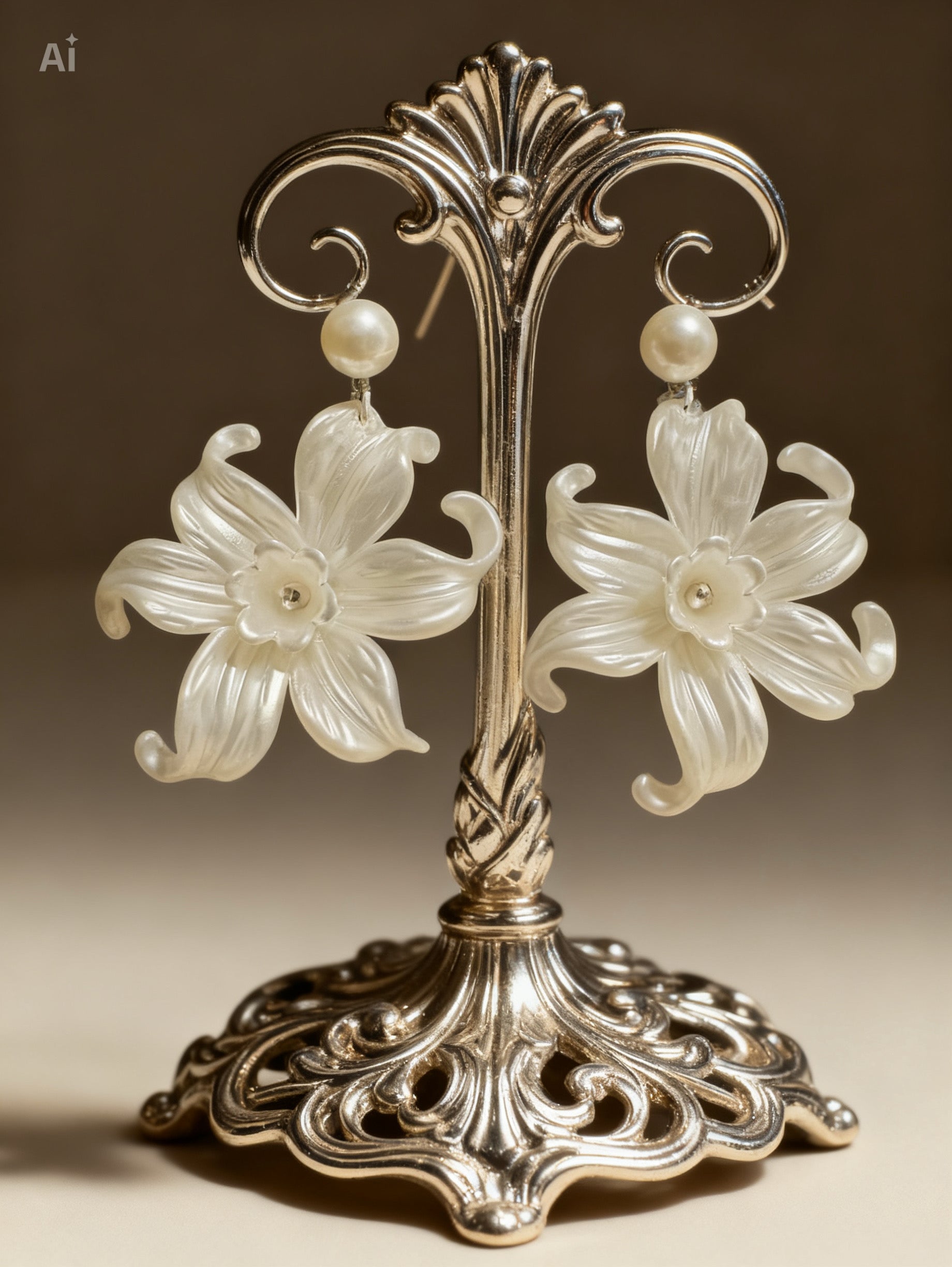 Floral earrings on a decorative stand with a brown background. Mehrartcollections 