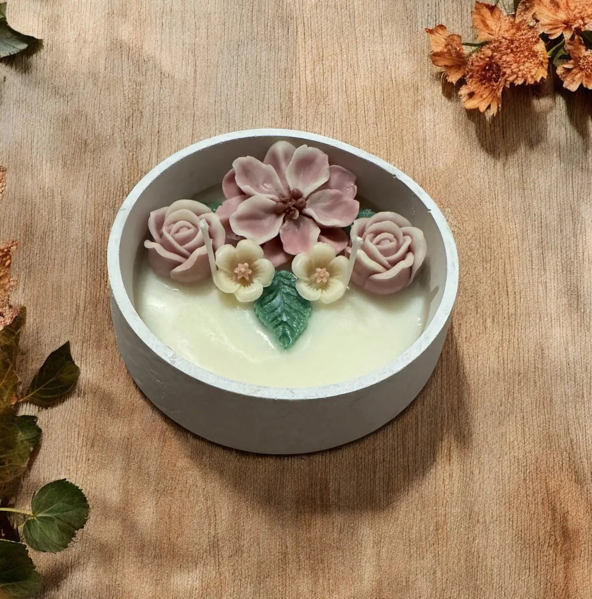 Floral candle in cement pot | Handmade flower home décor | Unique decorative candle gift for living spaces