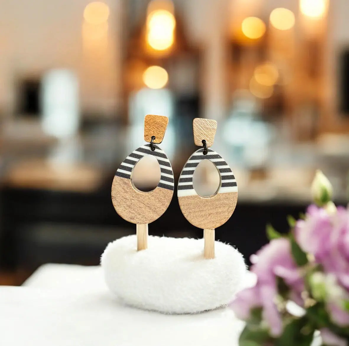Handmade resin wood teardrop dangle earrings, natural minimalist style
