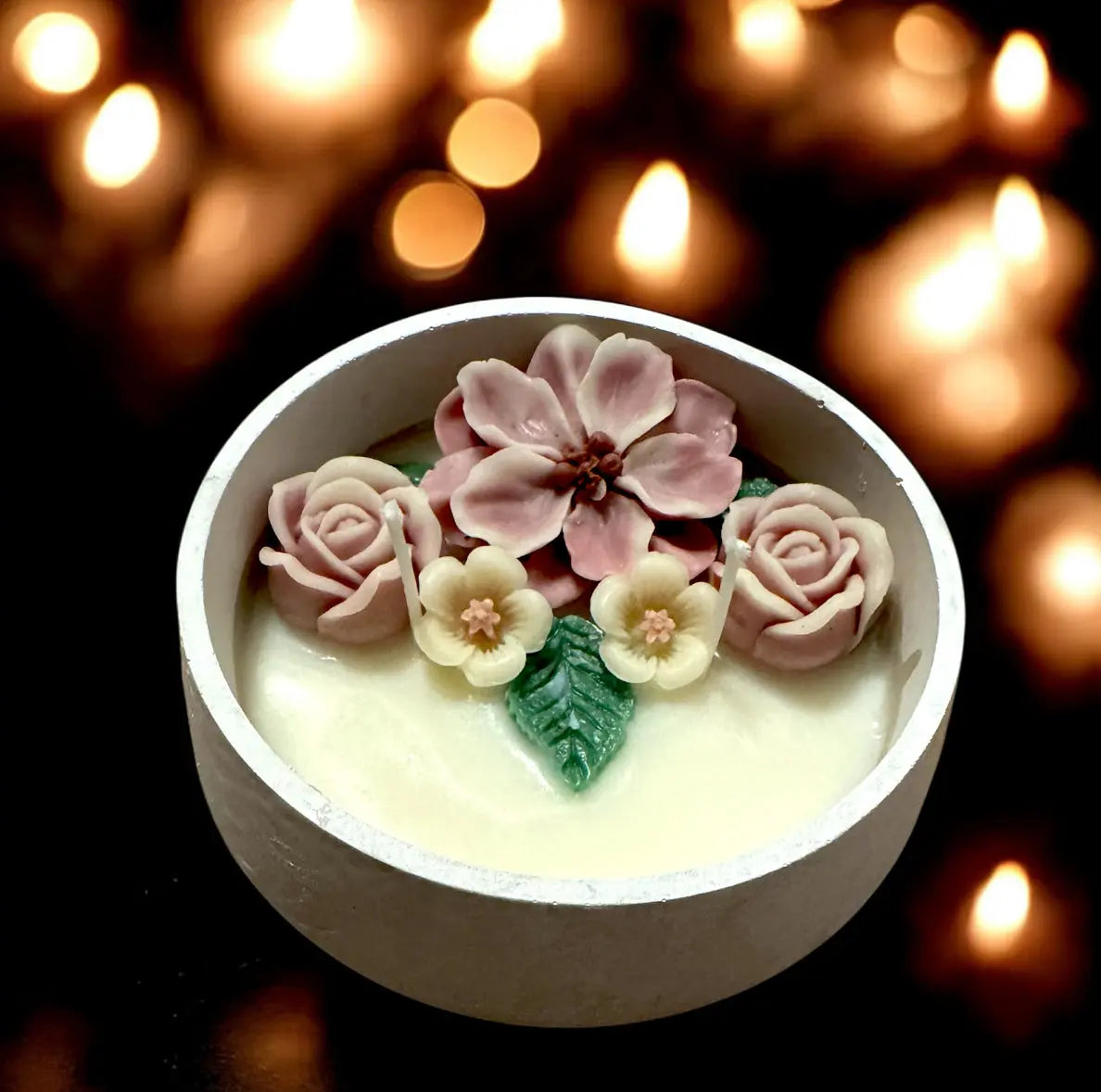 Decorative cement pot candle with floral design for home décor