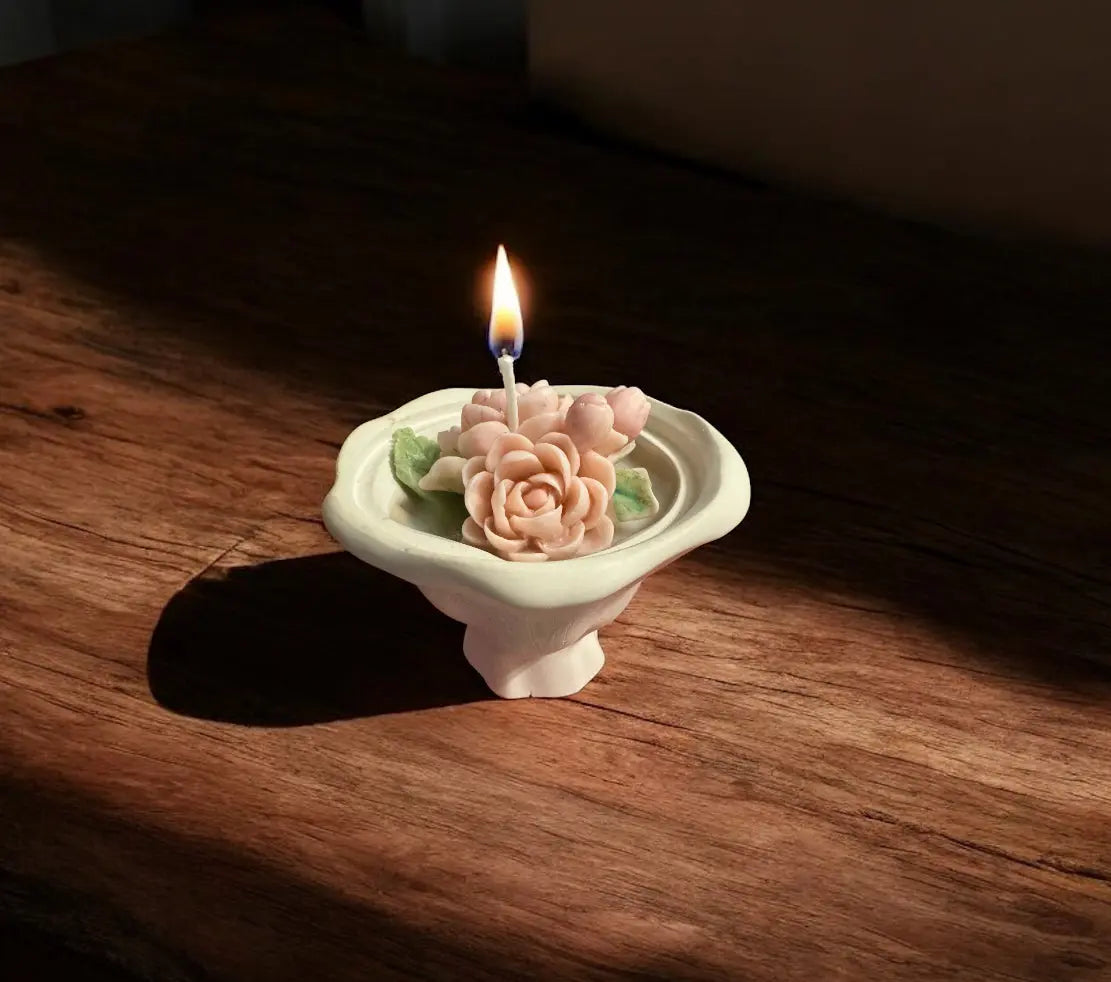 Floral home décor candle | Handmade flower candle in cement pot | Unique decorative gift for home and living spaces