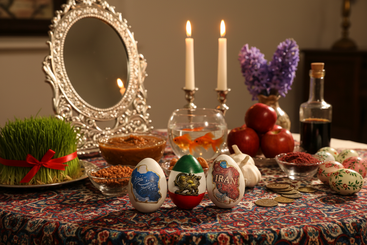Nowruz Ian Flag , Iran map Eggs – Haft Seen Table Decor