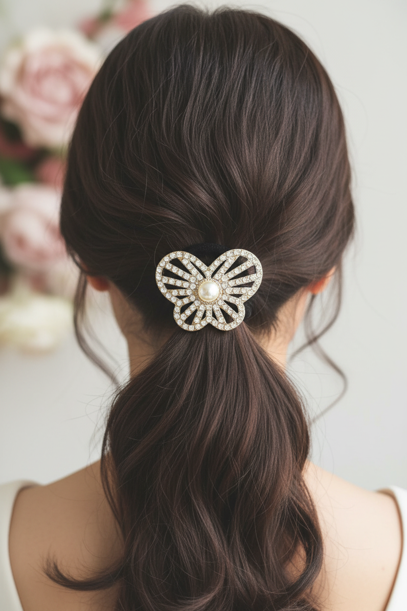 Elastic sparkly butterfly hair tie
