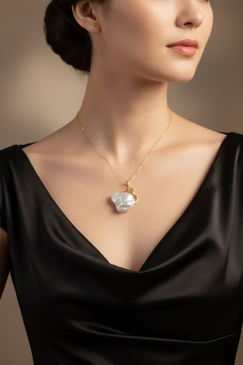 Baroque Pearl Swan Necklace: 14K Gold Plated Bridal Jewelry