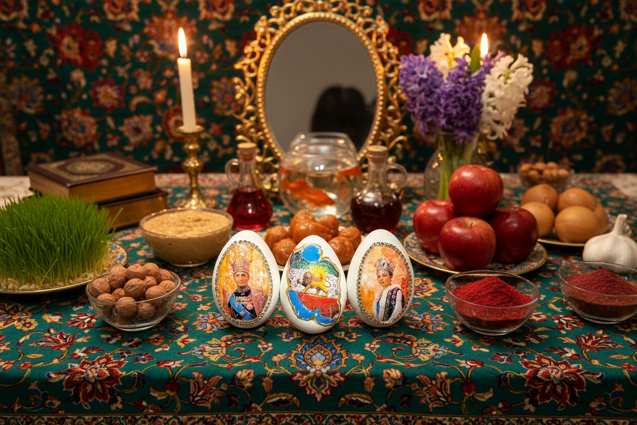 Nowruz Pahlavi Eggs, Iran map – Haft Seen Table Decor