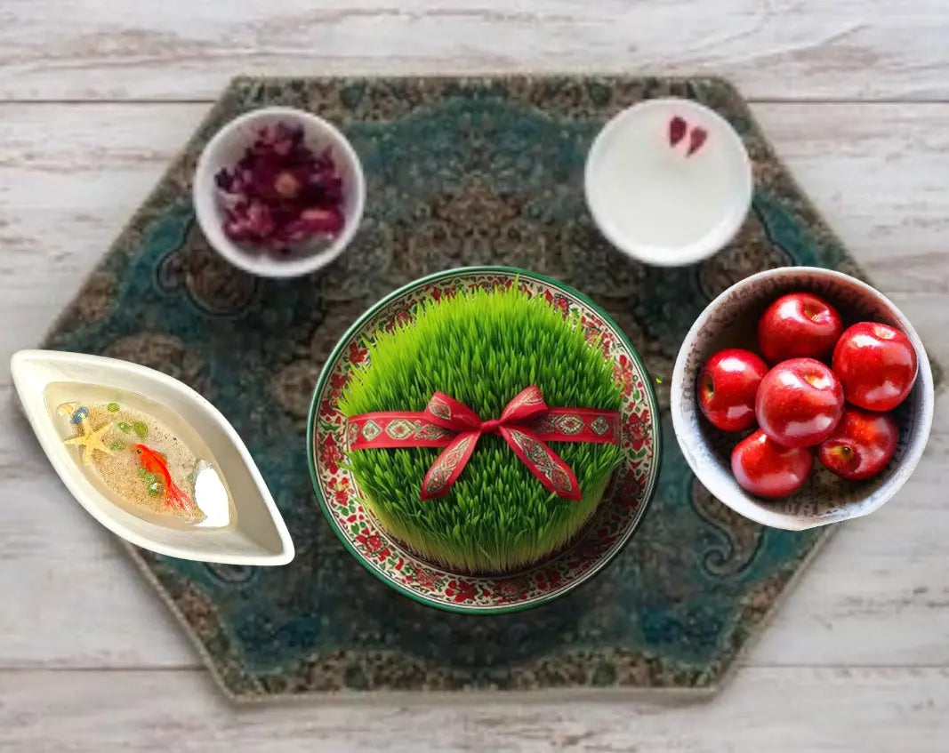 Hand-painted goldfish in resin pond art on an epoxy resin serving tray, featuring traditional Nowruz decor elements.