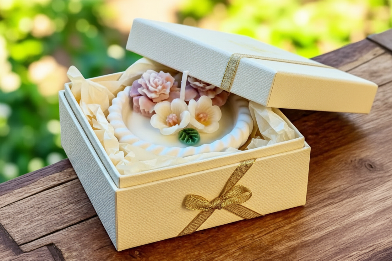 Flower Beeswax Candle in basket Pot