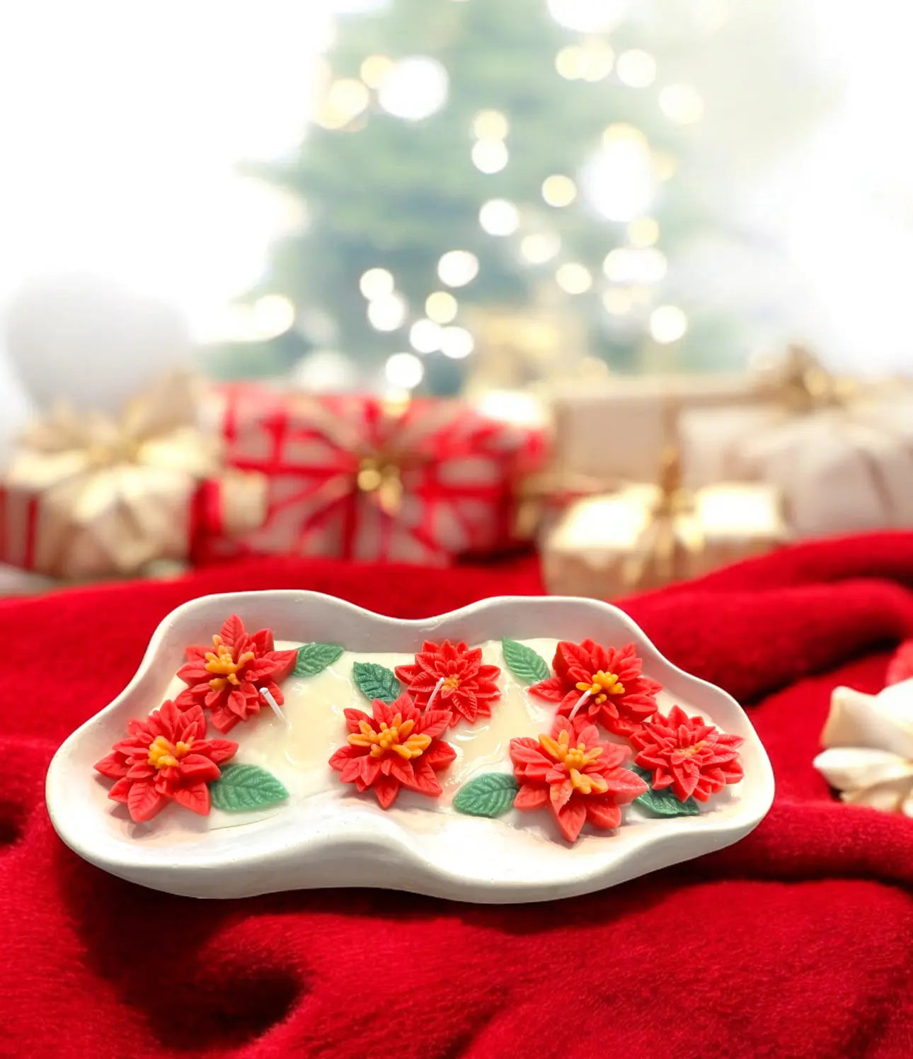 poinsettia beeswax candle arrangement in unique handmade container | Candle Gift for her - MehrArt collections