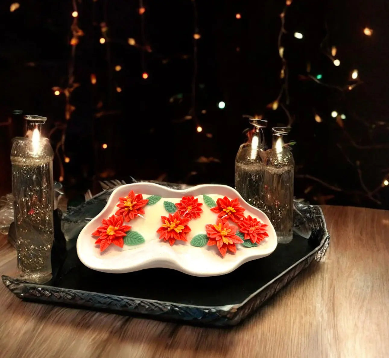 poinsettia beeswax candle arrangement in unique handmade container | Candle Gift for her - MehrArt collections