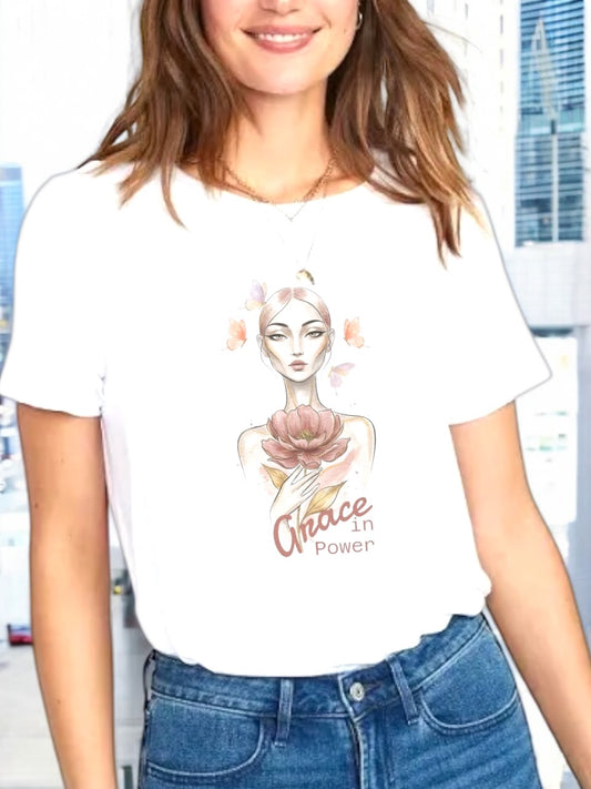 Grace in Power Tee — Feminine Portrait Floral Graphic T‑Shirt