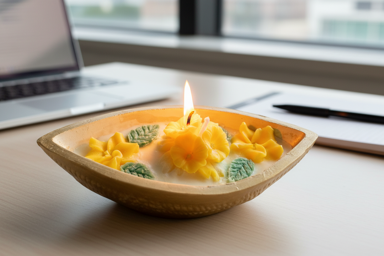 Vanilla Beeswax Candle in Handmade Ceramic Flower Pot: Eco-Friendly Home Decor