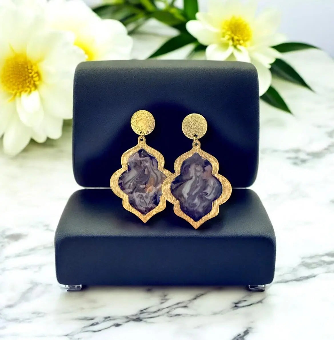Purple Flower Gold Earrings | Elegant Earrings | Purple Zircon Earrings | Flower Dangle Earrings | 24K Gold Plated Earrings