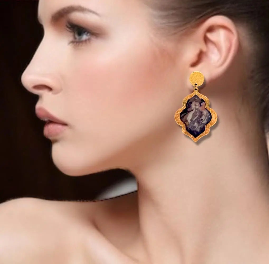 Purple Flower Gold Earrings | Elegant Earrings | Purple Zircon Earrings | Flower Dangle Earrings | 24K Gold Plated Earrings