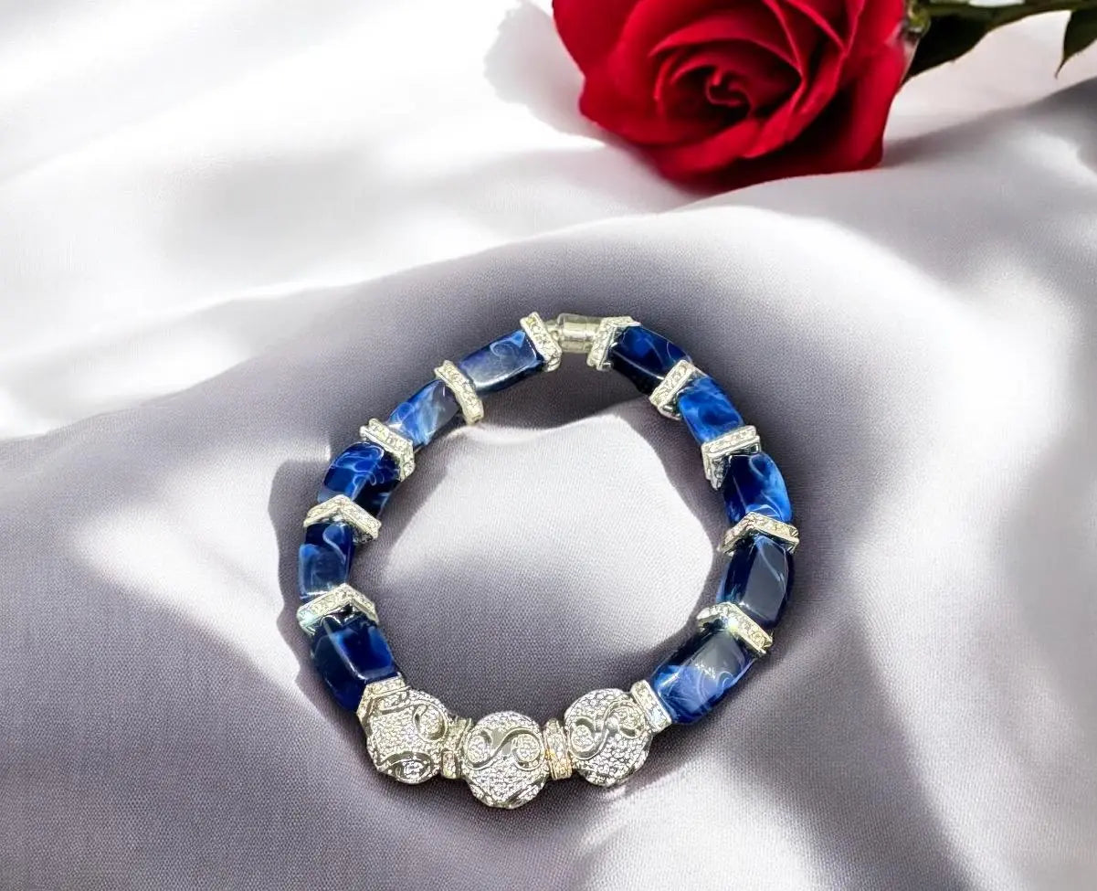 Beaded bracelet blue silver white charms elastic band beads clouds umbrella rain weather water drops gift woman girlfriend birthday jewelry