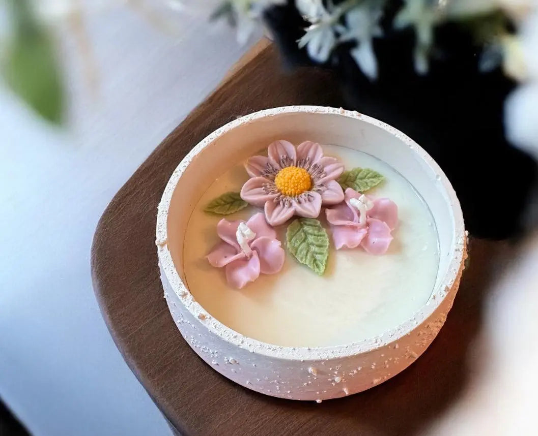 Flower candle in cement pot | Handmade floral home décor | Decorative gift for living spaces