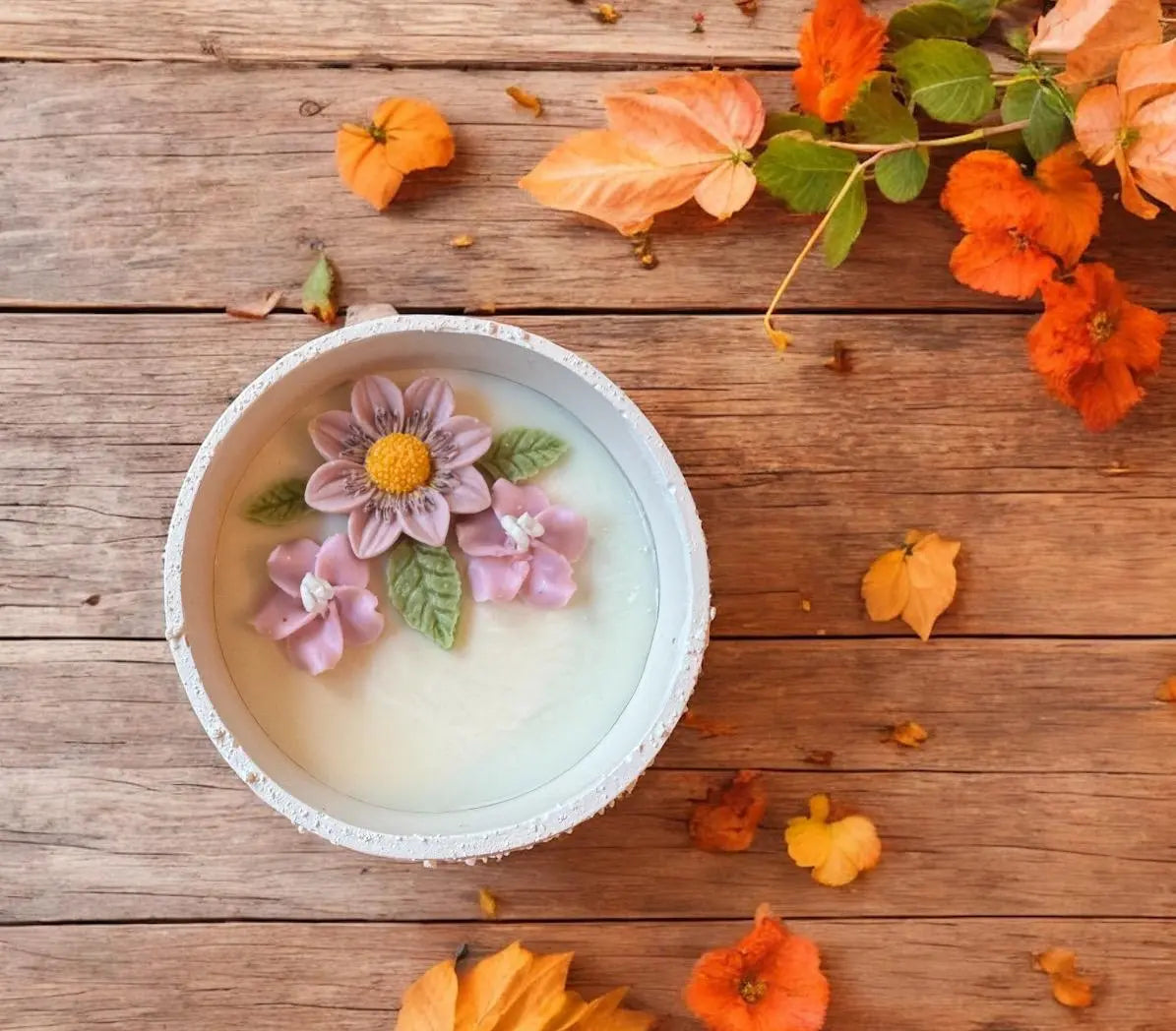 Handmade flower candle in cement pot | decorative floral home décor