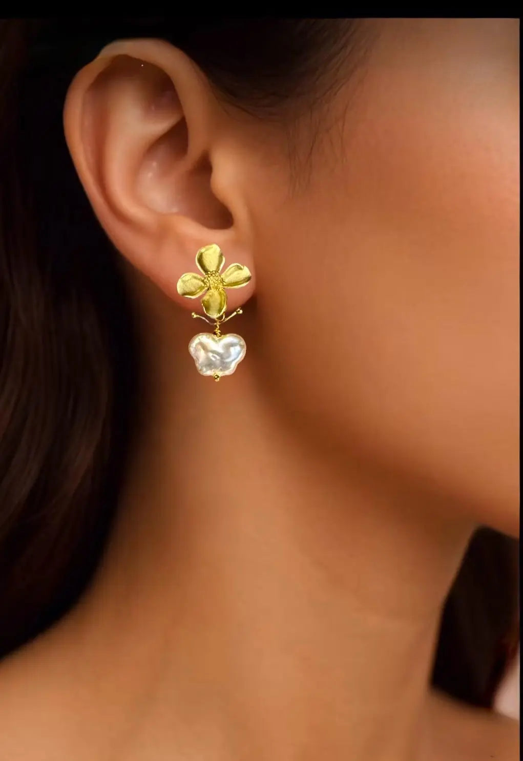 Handmade bridal earrings with 14k gold plating and butterfly pearl drops