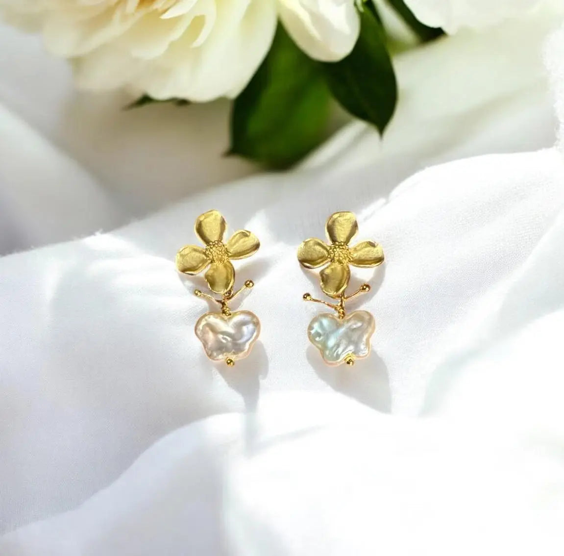 Handmade 14k gold butterfly pearl drop earrings | bridal jewelry, perfect for weddings and special occasions