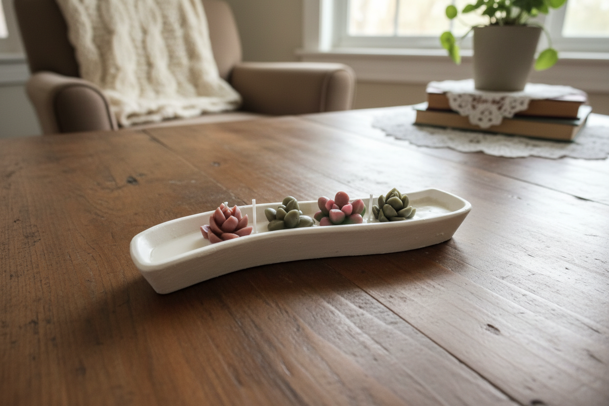 Decorative white tray with four small succulent-like plants on a brown surface